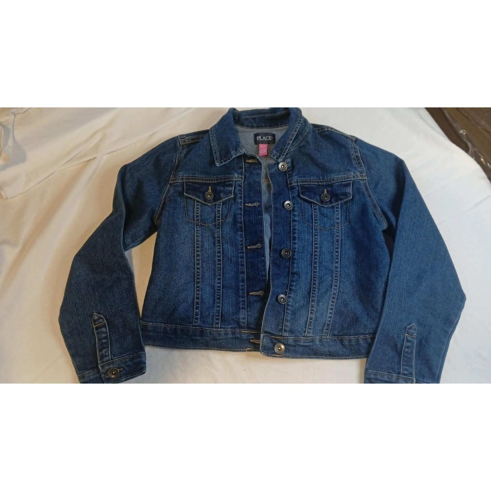 The Childrens Place Girls Dark Wash Denim Trucker Jacket Size L 10/12 Blue